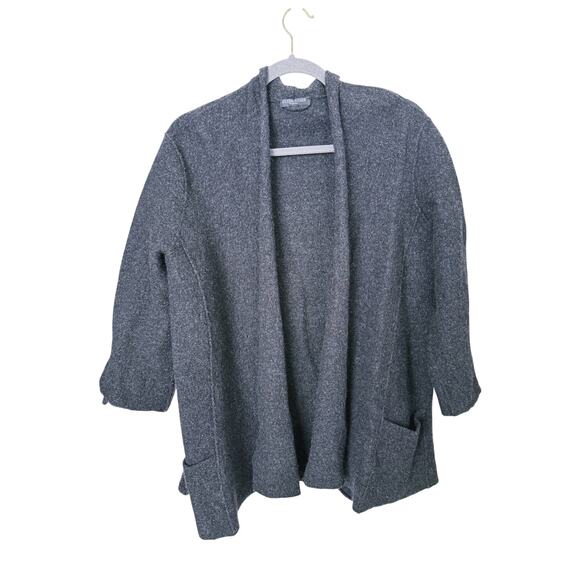 Eileen Fisher Merino Wool Open Cardigan Sweater Gray Pockets Layer One Size Fall - Picture 2 of 10